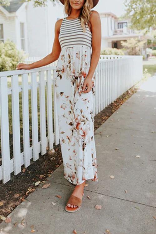 Rebadress Striped Floral Splice Sleeveless Maxi Dress