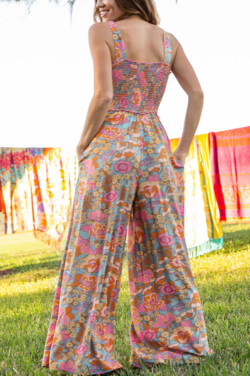 Rebadress Wide Straps Smocked Wide Leg Floral Jumpsuit