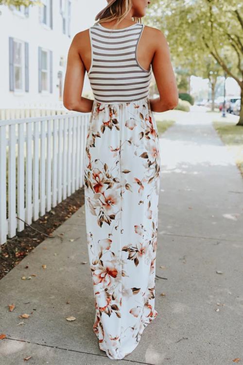 Rebadress Striped Floral Splice Sleeveless Maxi Dress