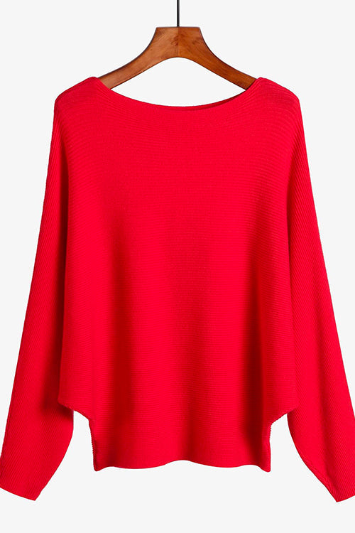 Rebadress Boat Neck Batwing Sleeves Ribbed Knit Sweater