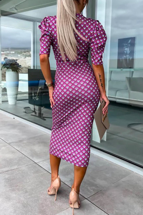 Rebadress Wrap V Neck Puff Sleeves Printed Midi Bodycon Dress