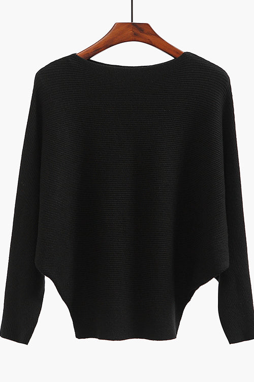 Rebadress Boat Neck Batwing Sleeves Ribbed Knit Sweater