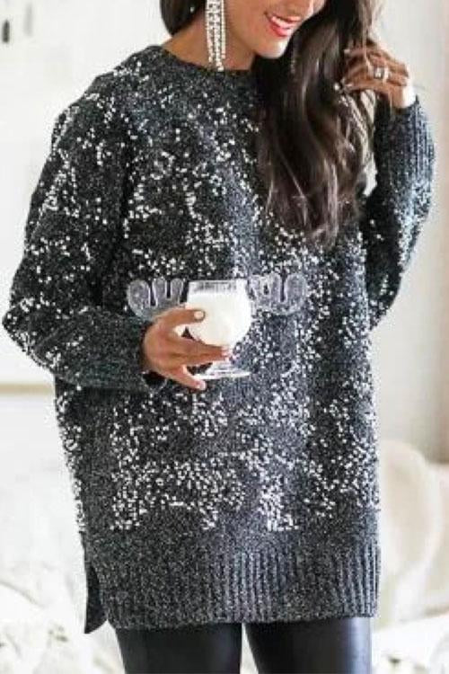 Rebadress Hollow Out Side Split Sequin Sweater