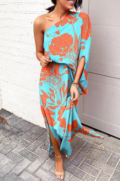 Rebadress Casual One Shoulder Side Split Printed Dress