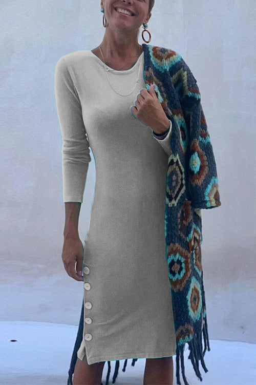 Rebadress Crewneck Long Sleeve Buttons T-shirt Dress