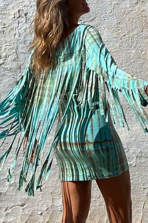 Rebadress Tassel Long Sleeve Tie Dye Bodycon Dress
