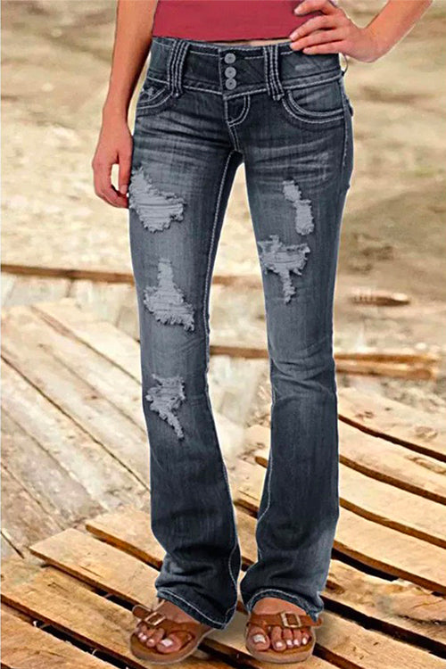 Rebadress Button Down Distressed Ripped Jeans with Pockets