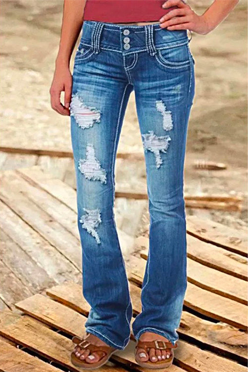 Rebadress Button Down Distressed Ripped Jeans with Pockets