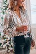 Rebadress Stylish V Neck Long Sleeve Sequin Splice Top