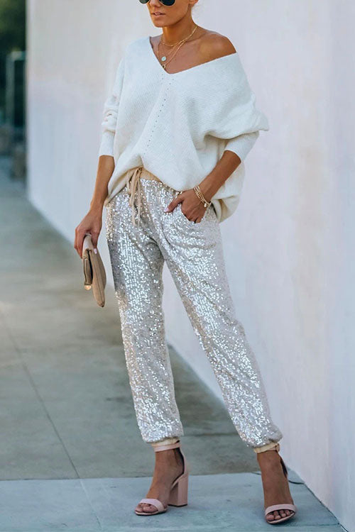 Rebadress Tie Waist Sequin Joggers Pants with Pockets