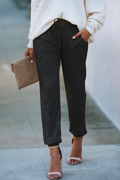 Rebadress Tie Waist Sequin Joggers Pants with Pockets