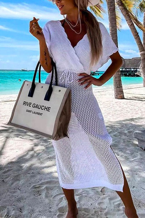 Rebadress Wrap V Neck Tie Waist Side Split Cover Up Dress