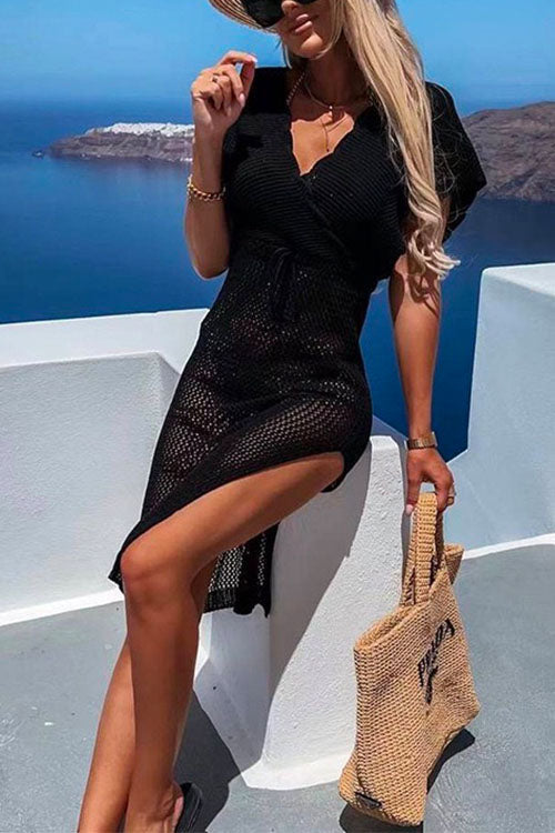 Rebadress Wrap V Neck Tie Waist Side Split Cover Up Dress