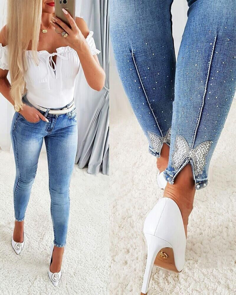 Rebadress Beaded Butterfly Distressed Skinny Denim Pants