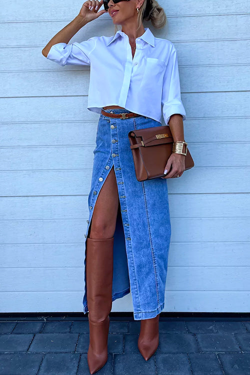 Rebadress High Rise Button Down Slit Denim Skirt