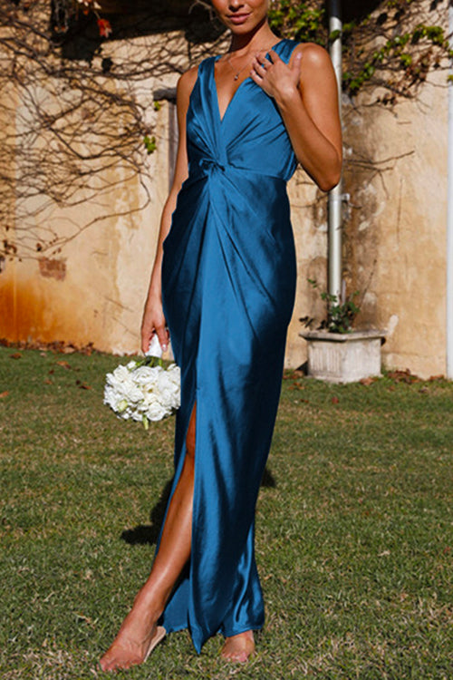 Rebadress V Neck Twist Front Slit Maxi Satin Dress