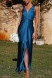 Rebadress V Neck Twist Front Slit Maxi Satin Dress
