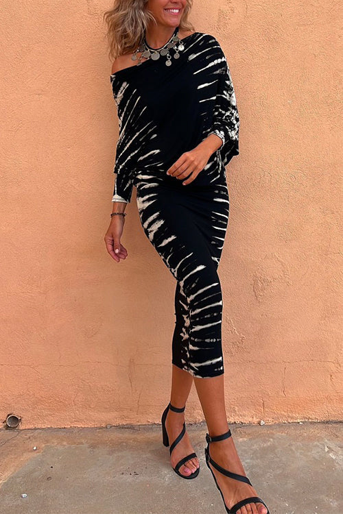 Rebadress Cold Shoulder Batwing Sleeve Waisted Tie Dye Dress