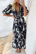 Rebadress V Neck Puff Sleeves Printed Maxi Flowy Dress