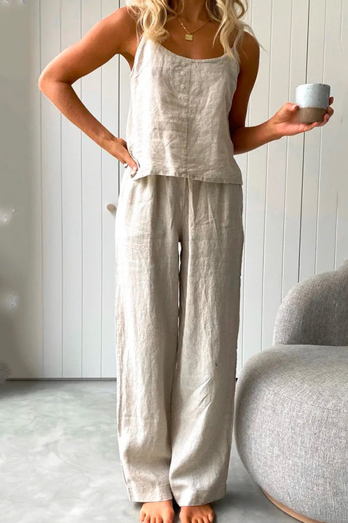 Rebadress Cotton Linen Cami Top Wide Leg Pants Loungewear Set