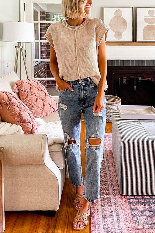 Rebadress Crewneck Cap Sleeves Pullover Sweater