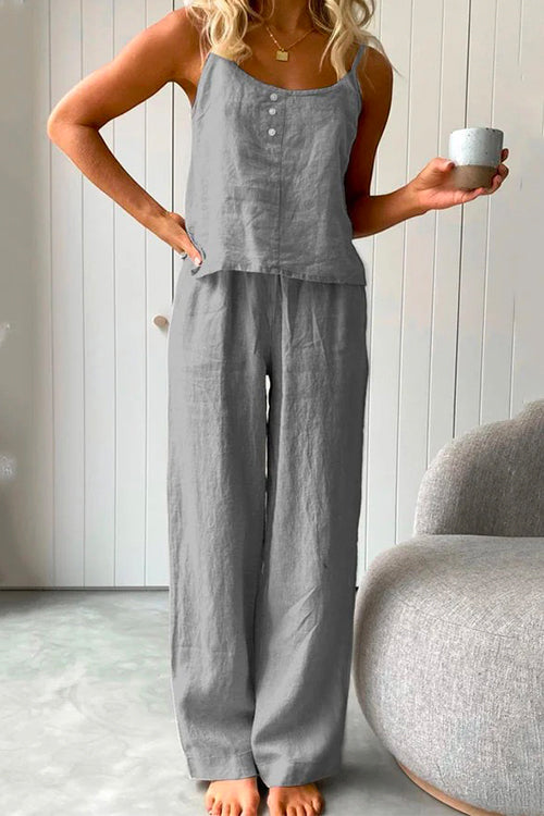 Rebadress Cotton Linen Cami Top Wide Leg Pants Loungewear Set