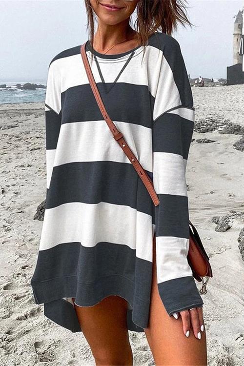 Rebadress Striped Long Sleeves Side Split Pullover