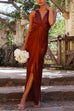 Rebadress V Neck Twist Front Slit Maxi Satin Dress