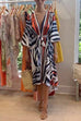 Rebadress V Neck Lantern Sleeve Tie Waist Printed Irregular Swing Dress
