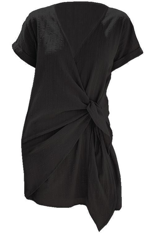 Rebadress Casual Cross V Neck Short Sleeve Wrapped Dress