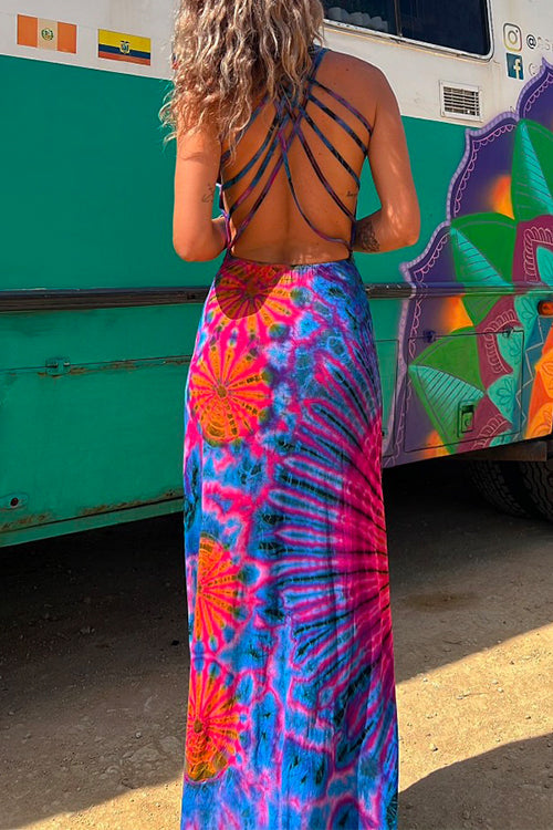 Rebadress Criss Cross Backless Tie Dye Maxi Cami Dress