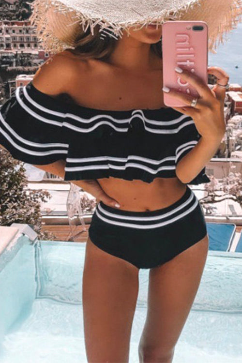 RD Off Shoulder Stripe Ruffle Bathing Suit