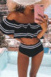 RD Off Shoulder Stripe Ruffle Bathing Suit