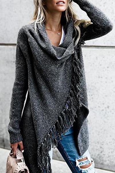 RD Cowl Neck Tassel Irregular Sweater