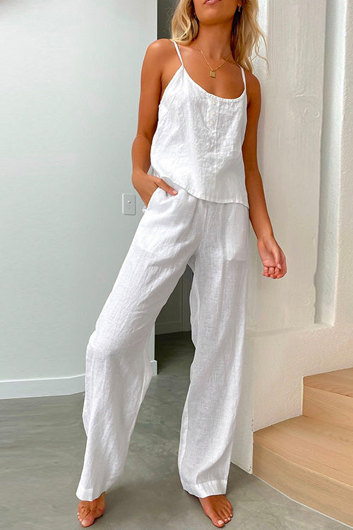Rebadress Cotton Linen Cami Top Wide Leg Pants Loungewear Set