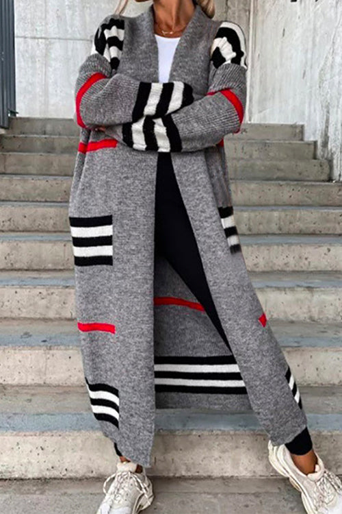 Rebadress Open Front Color Block Striped Splice Long Sweater Cardigan