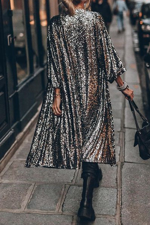 Rebadress 3/4 Sleeves Open Front Sequin Shinny Midi Cardigan