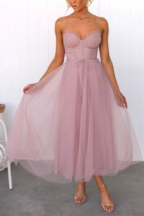 Rebadress Backless Tie Waist Mesh Swing Maxi Cami Dress