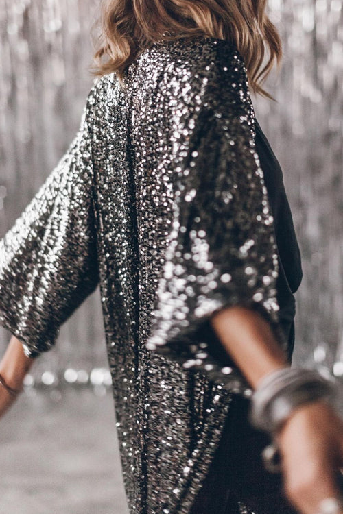 Rebadress 3/4 Sleeves Open Front Sequin Shinny Midi Cardigan