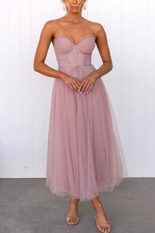 Rebadress Backless Tie Waist Mesh Swing Maxi Cami Dress