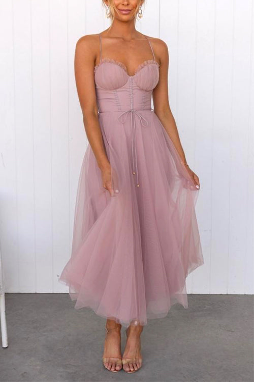 Rebadress Backless Tie Waist Mesh Swing Maxi Cami Dress