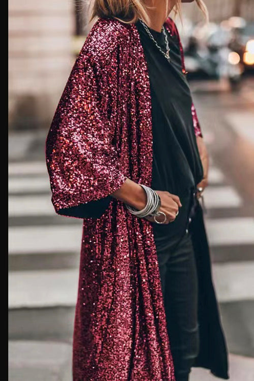 Rebadress 3/4 Sleeves Open Front Sequin Shinny Midi Cardigan