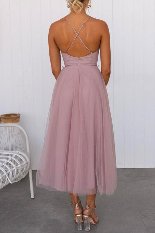 Rebadress Backless Tie Waist Mesh Swing Maxi Cami Dress