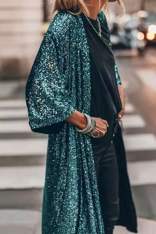 Rebadress 3/4 Sleeves Open Front Sequin Shinny Midi Cardigan