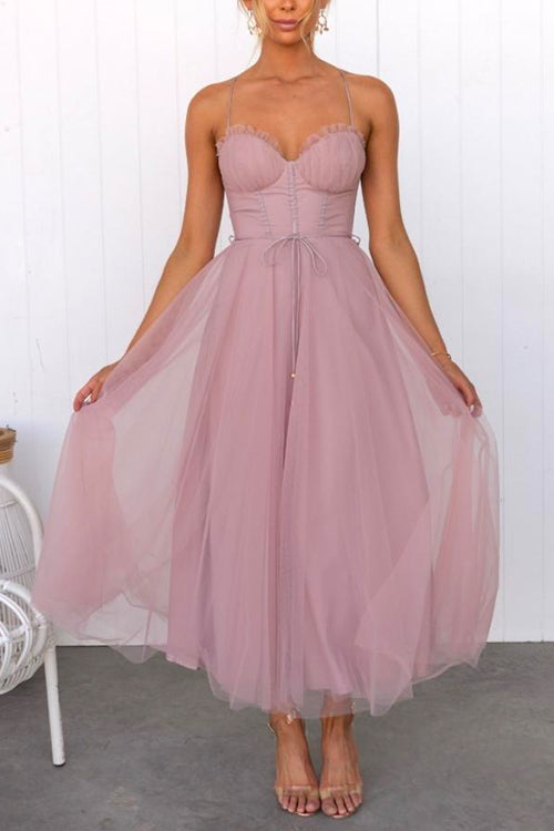 Rebadress Backless Tie Waist Mesh Swing Maxi Cami Dress