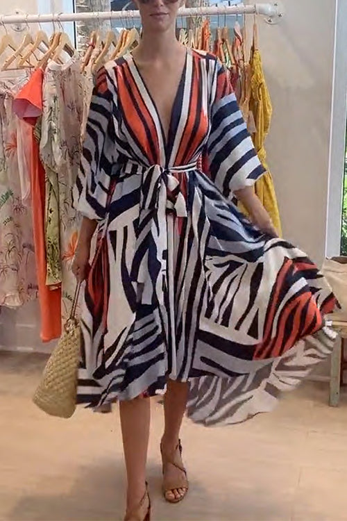 Rebadress V Neck Lantern Sleeve Tie Waist Printed Irregular Swing Dress