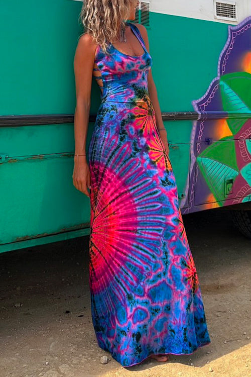 Rebadress Criss Cross Backless Tie Dye Maxi Cami Dress