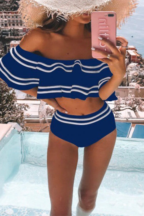 RD Off Shoulder Stripe Ruffle Bathing Suit