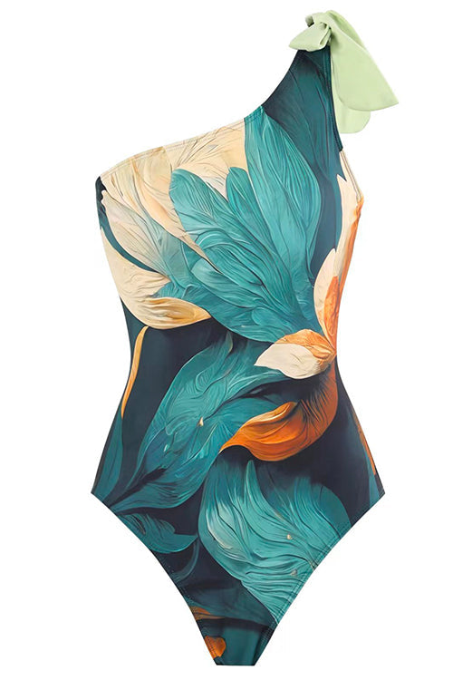Rebadress Bow One Shoulder One-piece Swimsuit Ruffle Cover Up Skirt Printed Set