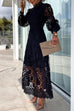 Rebadress Mockneck Puff Sleeves Lace Hollow Out Mid Dress